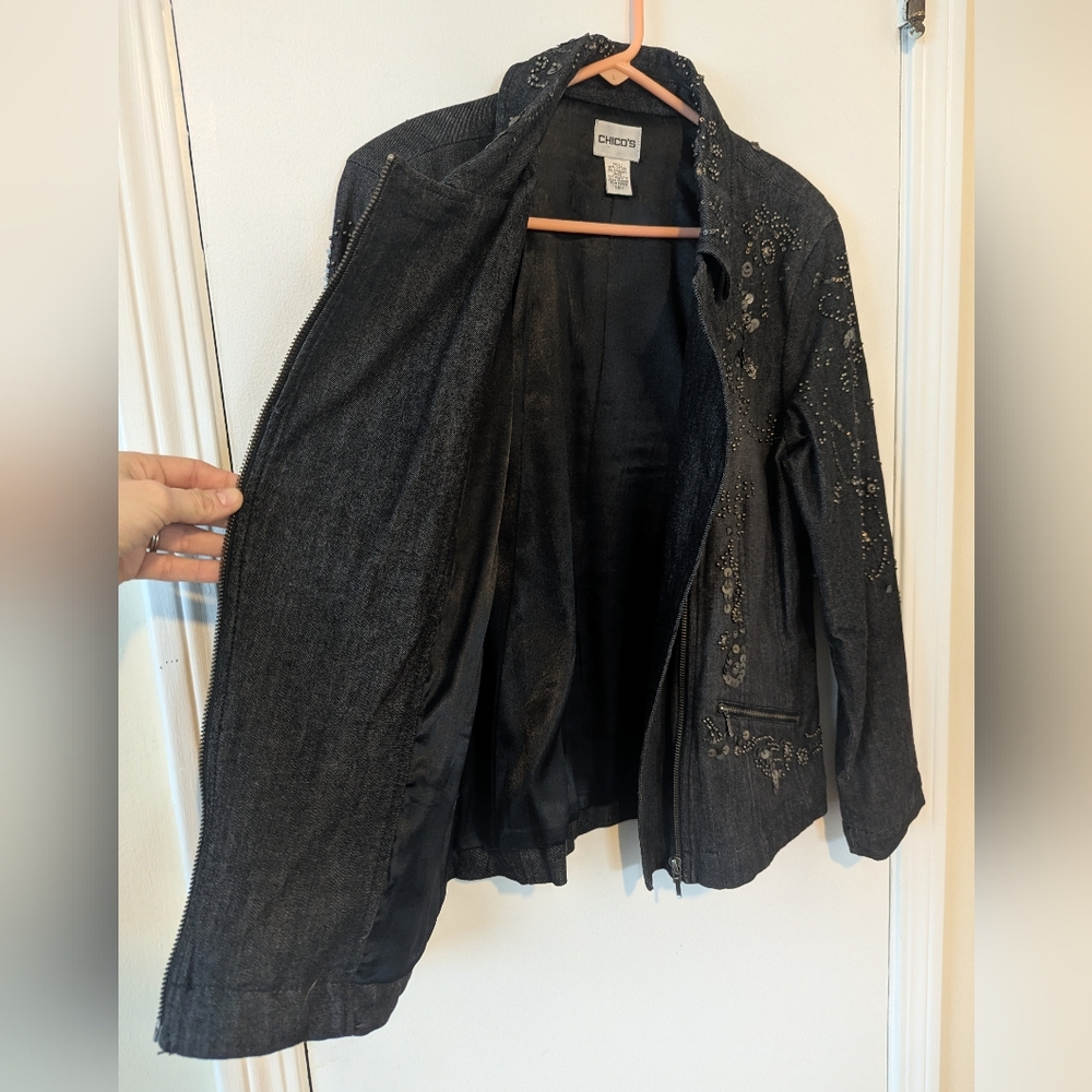 Chico's Vintage 90s Dark Jean Jacket with Embellishments - Picture 7 of 12